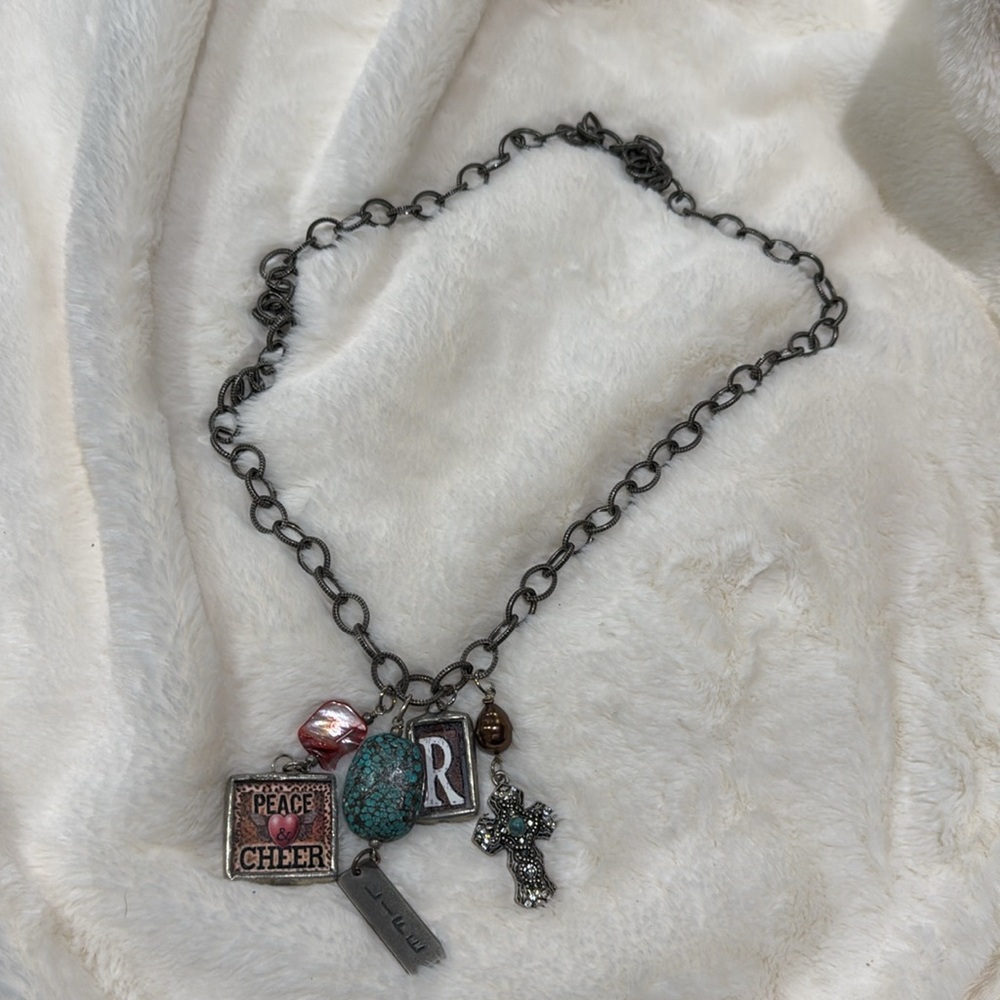 34 Inch Chain Necklace “R” Turquoise Cheer Peace - Picture 2 of 4